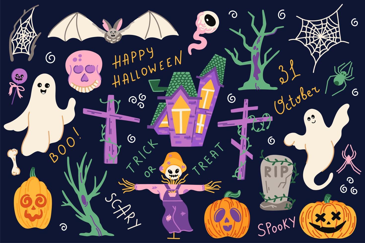 Cute Halloween illustrations set pumpkin, ghost, bat, scary trees and grave vector illustration set