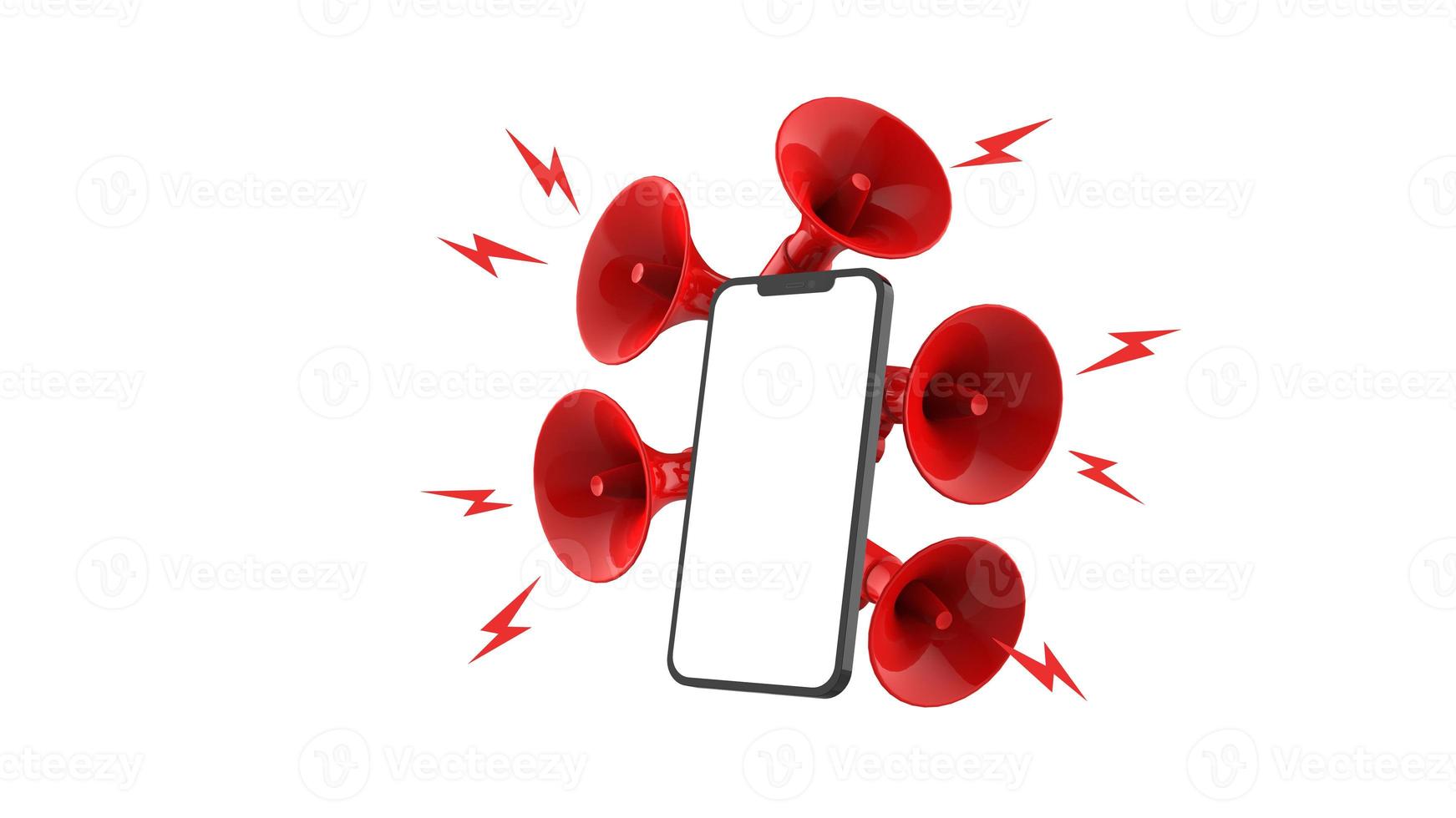 Mobile Phone and megaphone, loudspeaker background. 3D illustration. photo