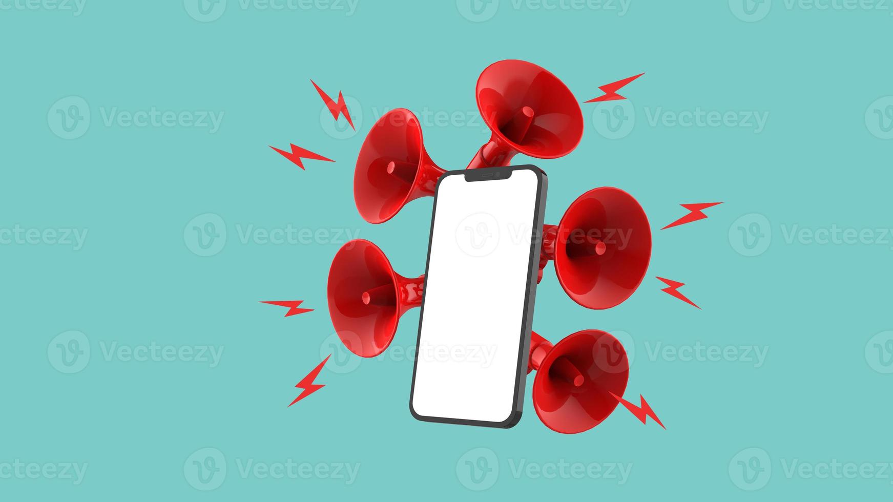 Mobile Phone and megaphone, loudspeaker background. 3D illustration. photo