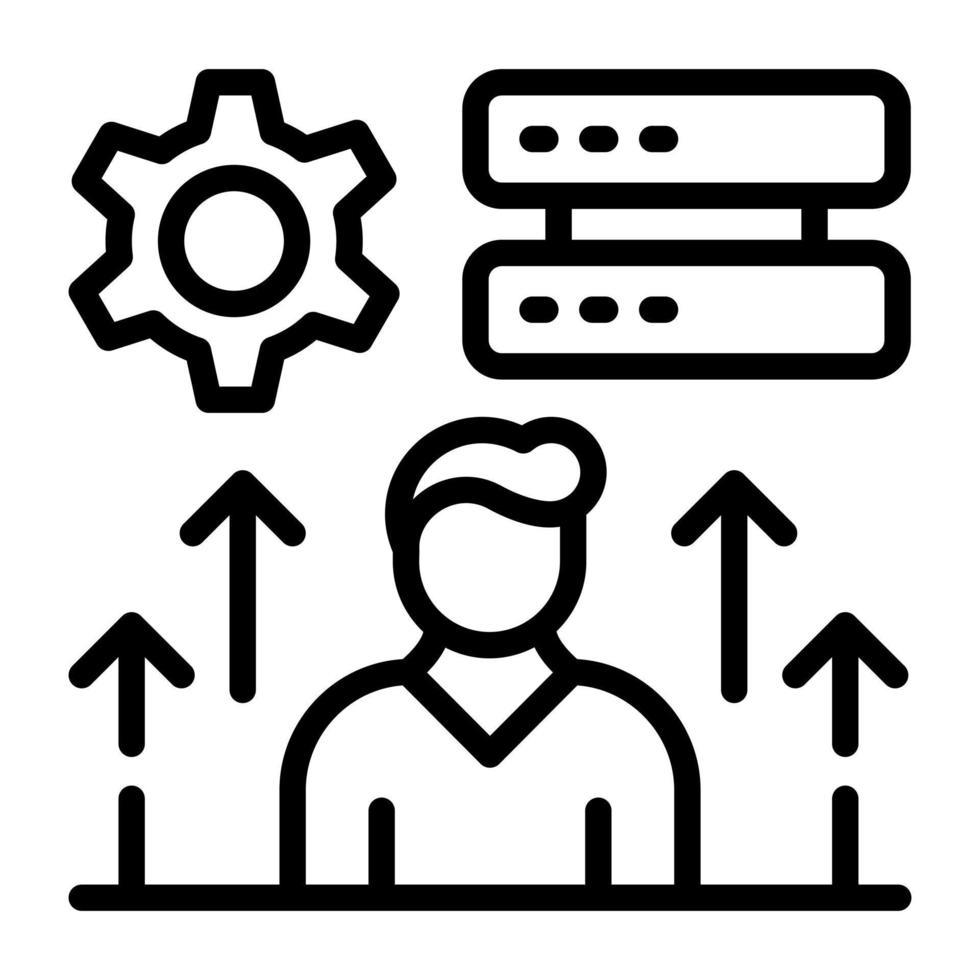 Server with persons and cog, linear icon of database operator vector