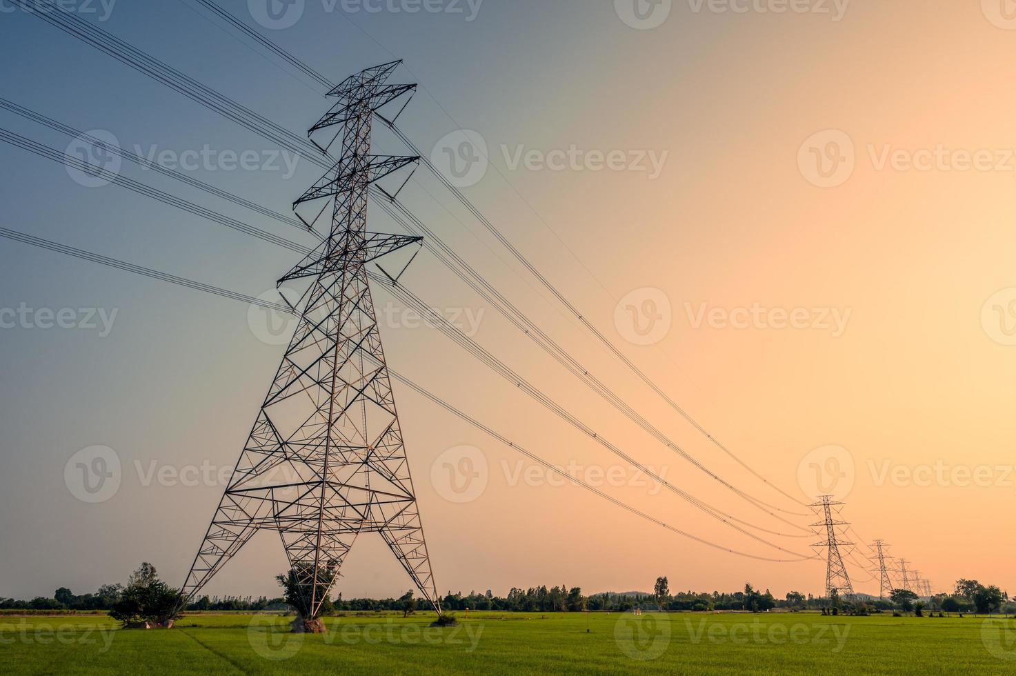 Arrangement of High voltage pole, Transmission tower on rice field at sunset photo