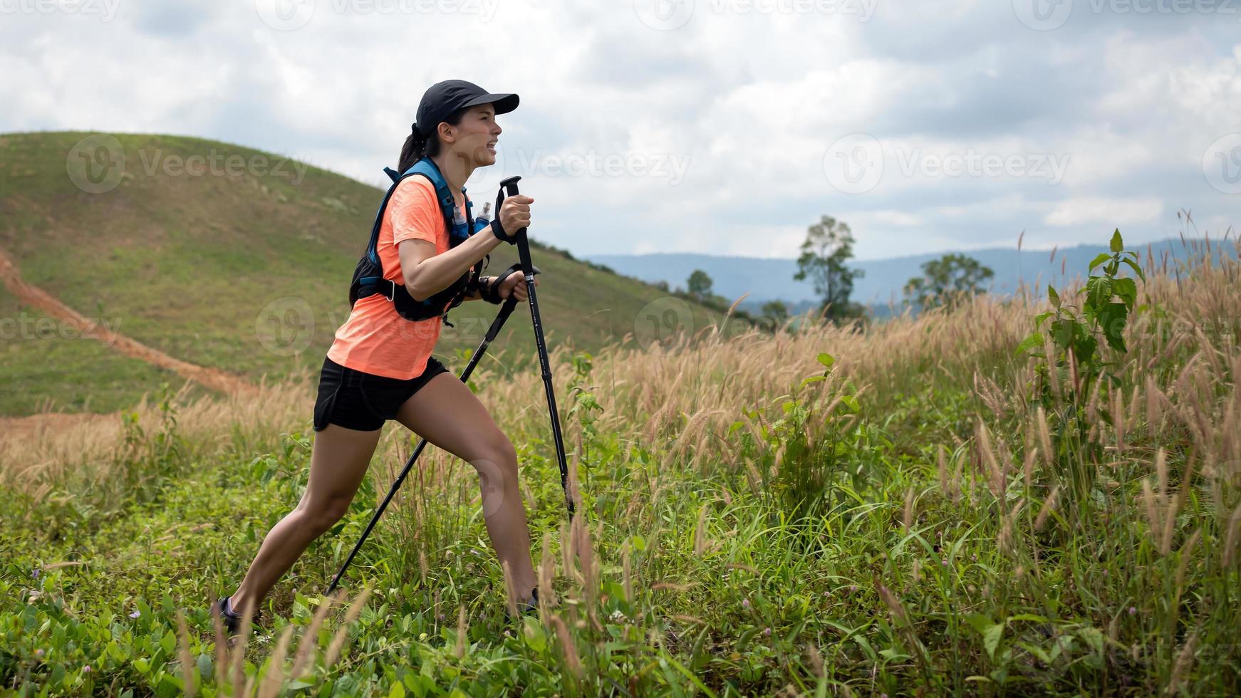 Young women active trail running across a meadow on a grassy trail high in the mountains in the afternoon with trekking pole photo