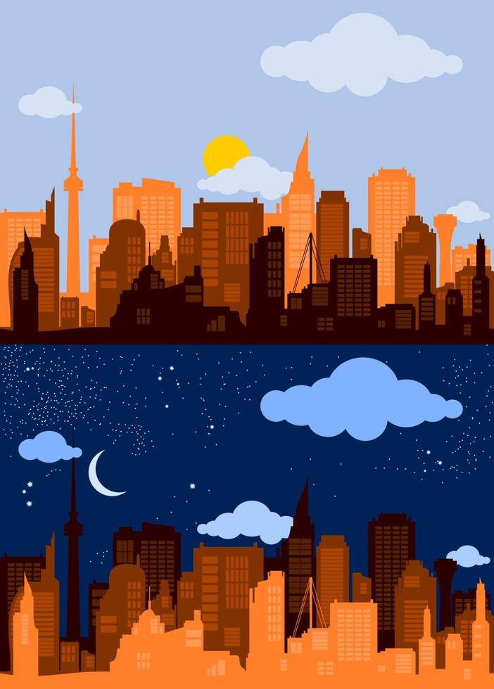 ilustración vectorial editable de la silueta de la ciudad con color naranja en la escena diurna y nocturna vector