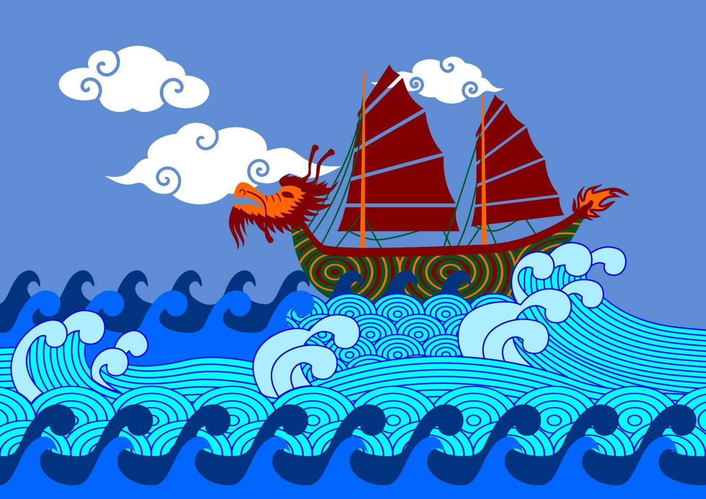 Editable Vector Illustration of Typical Chinese Dragon Boat on Wavy Sea for Tourism and Historical or Cultural Education