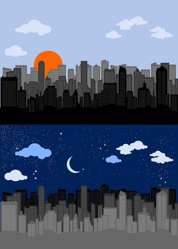 Editable Vector Illustration of City Silhouette with Grey Color in Day and Night Scene