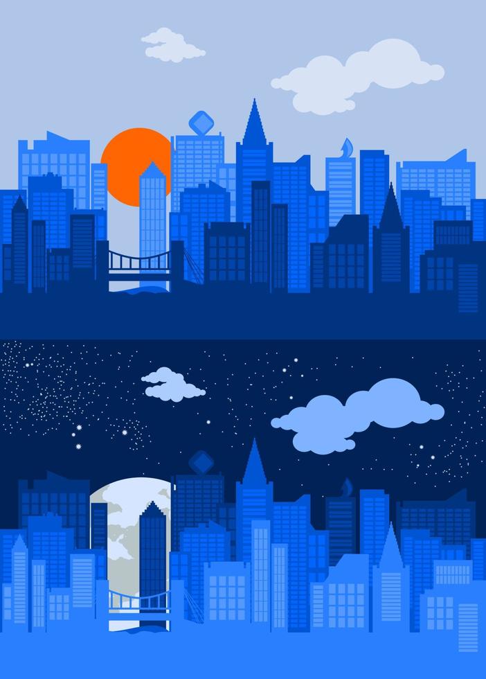 ilustración vectorial editable de la silueta de la ciudad con color azul en la escena diurna y nocturna vector