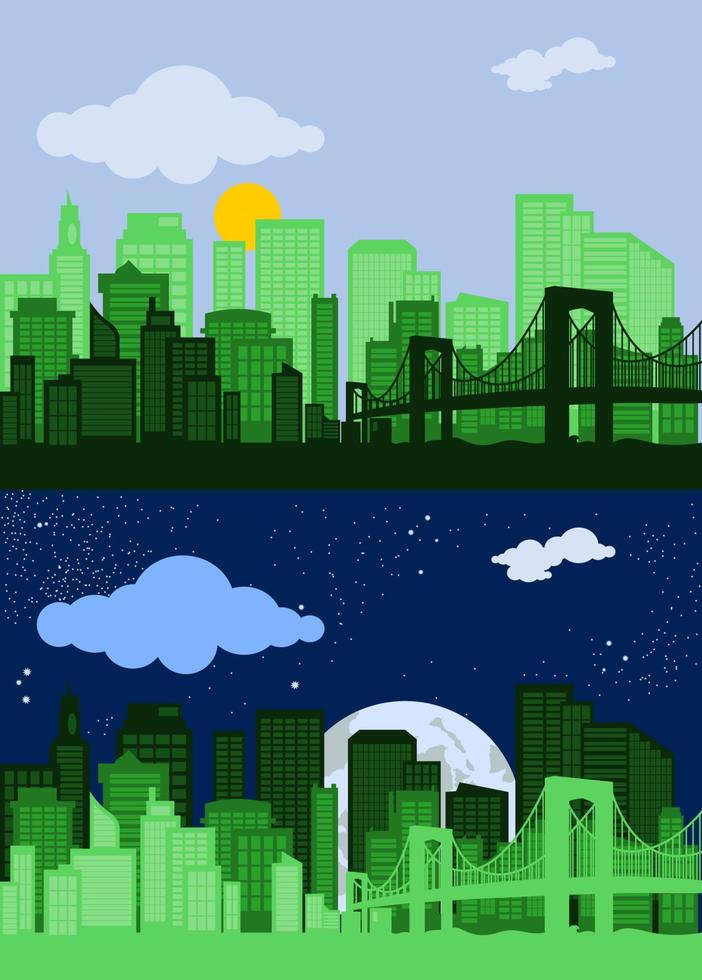 ilustración vectorial editable de la silueta de la ciudad con color verde en la escena diurna y nocturna vector