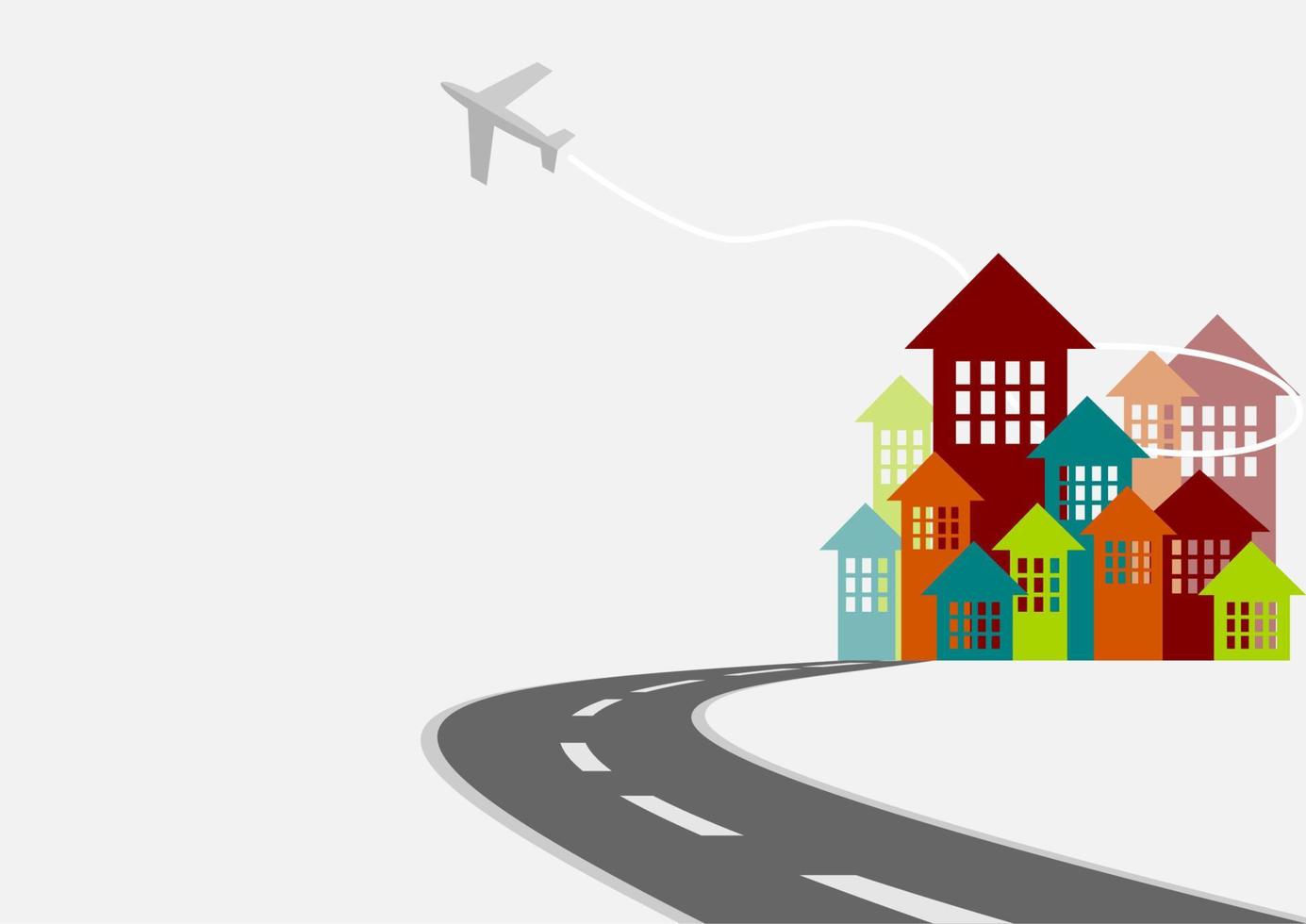 Editable Arrows Style City Vector Illustration with Road and Aeroplane on Sky for Text Background