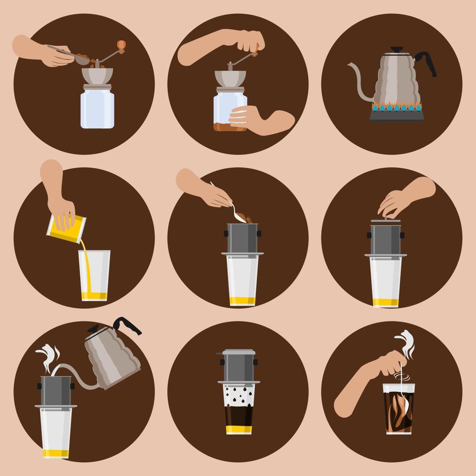 Editable Vietnamese Coffee Drip Brewing Instruction Vector Illustration Icons Set for Cafe with Vietnam History and Culture Tradition Related Design