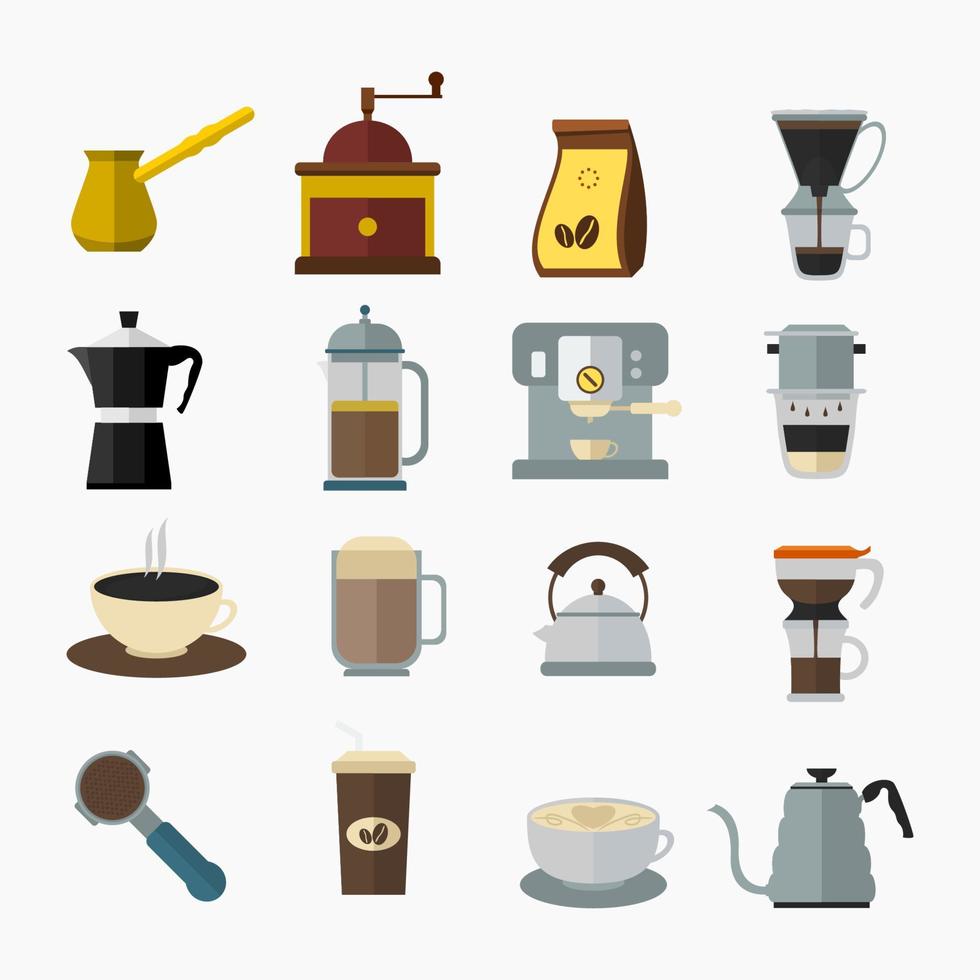 vector editable de icono de ilustración de equipo de café establecido en estilo plano