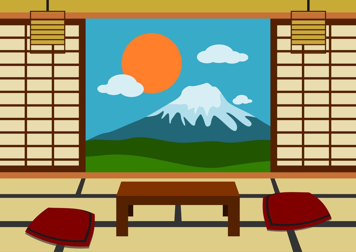 habitación japonesa interior editable con ilustración de vector de vista al aire libre para viajes de turismo y educación histórica o cultural