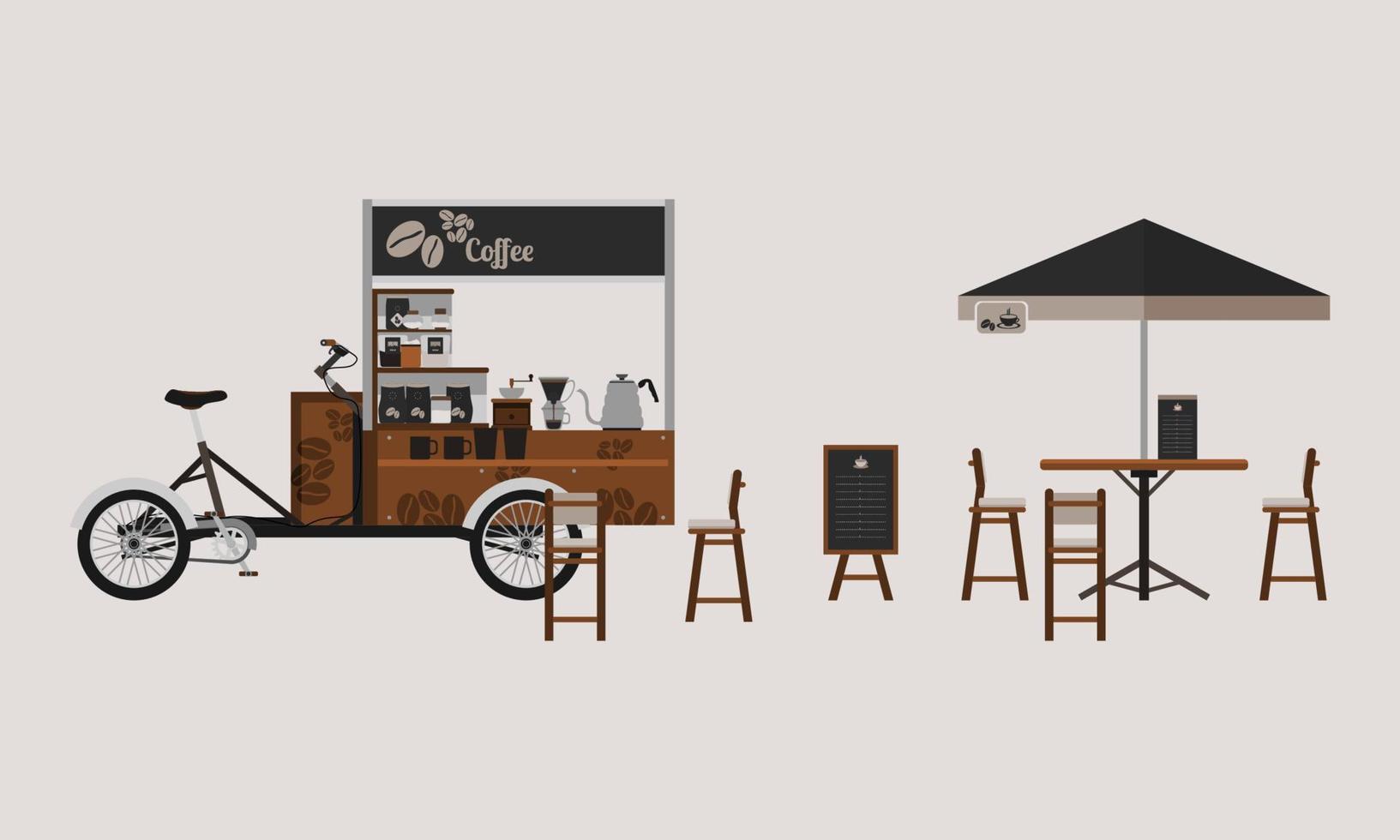 Ilustración de vector de soporte de café de bicicleta al aire libre detallada editable con mesa, sillas, pantalla de menú y equipo de preparación para el concepto de tienda móvil