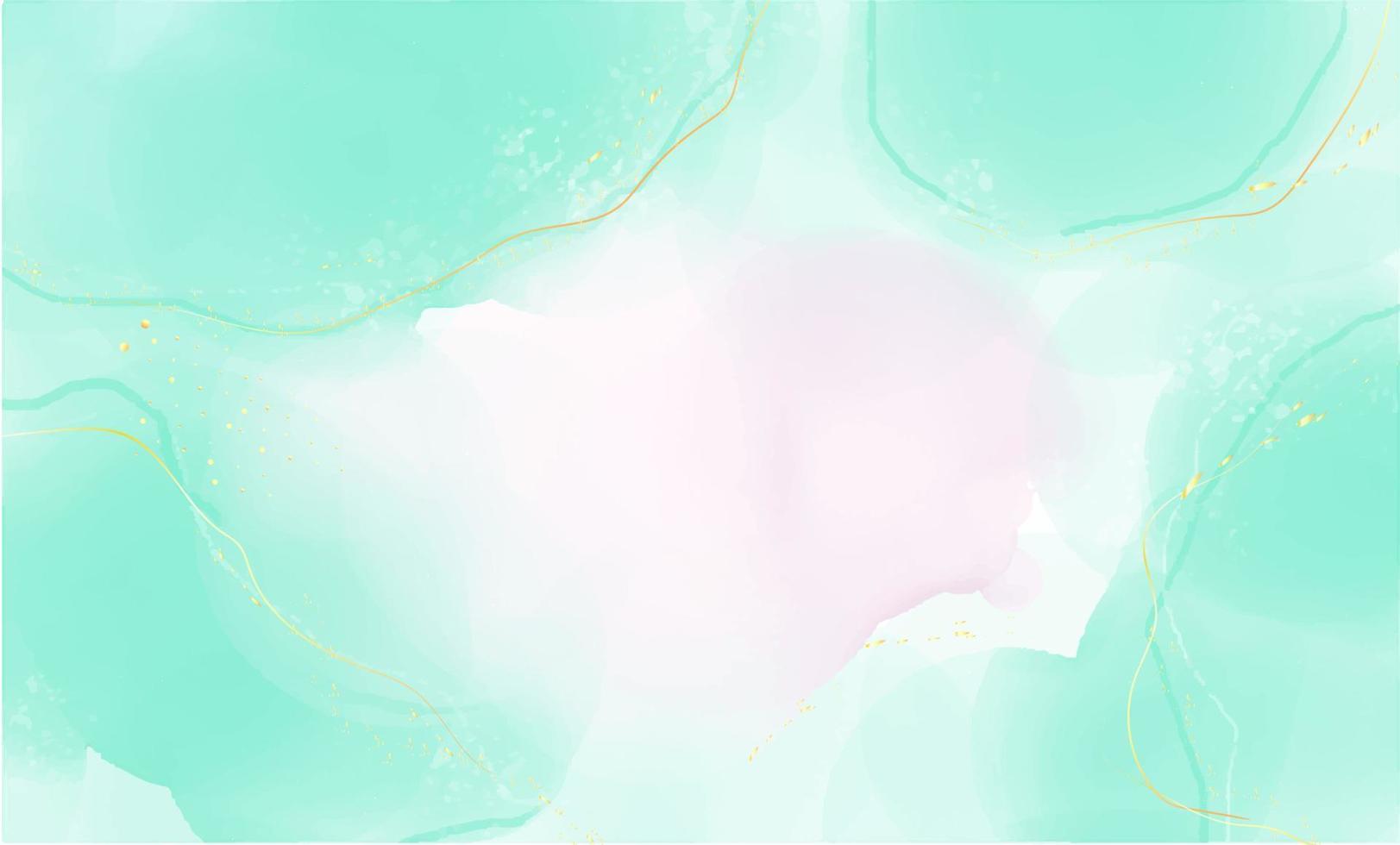 Cyan mint and pink liquid watercolor background with golden stains vector