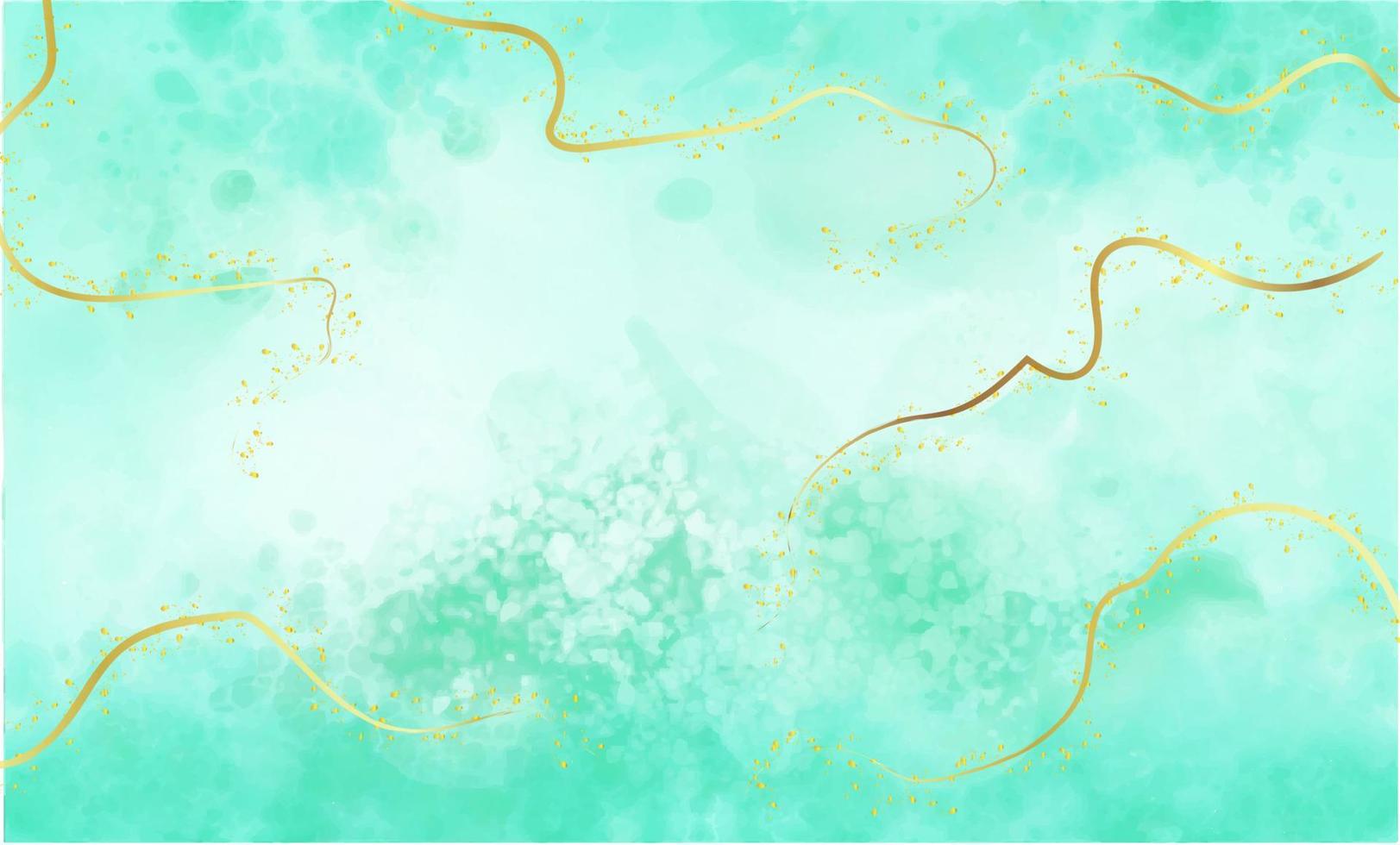 Mint liquid watercolor background with golden stains vector