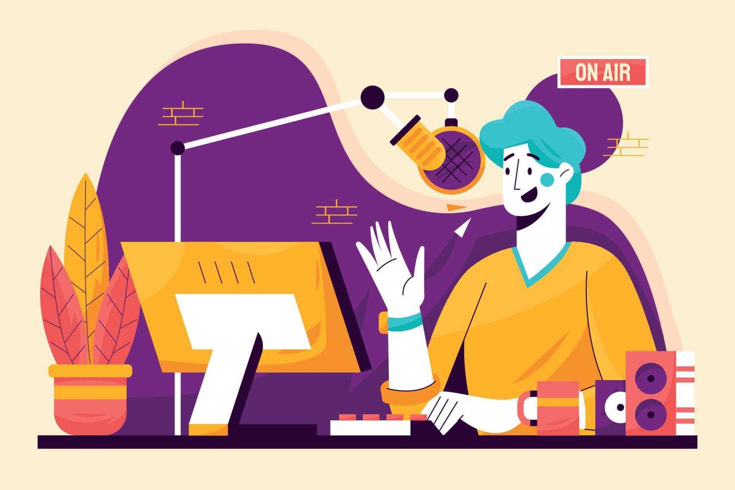 Podcaster On Live Streaming Flat Illustration vector