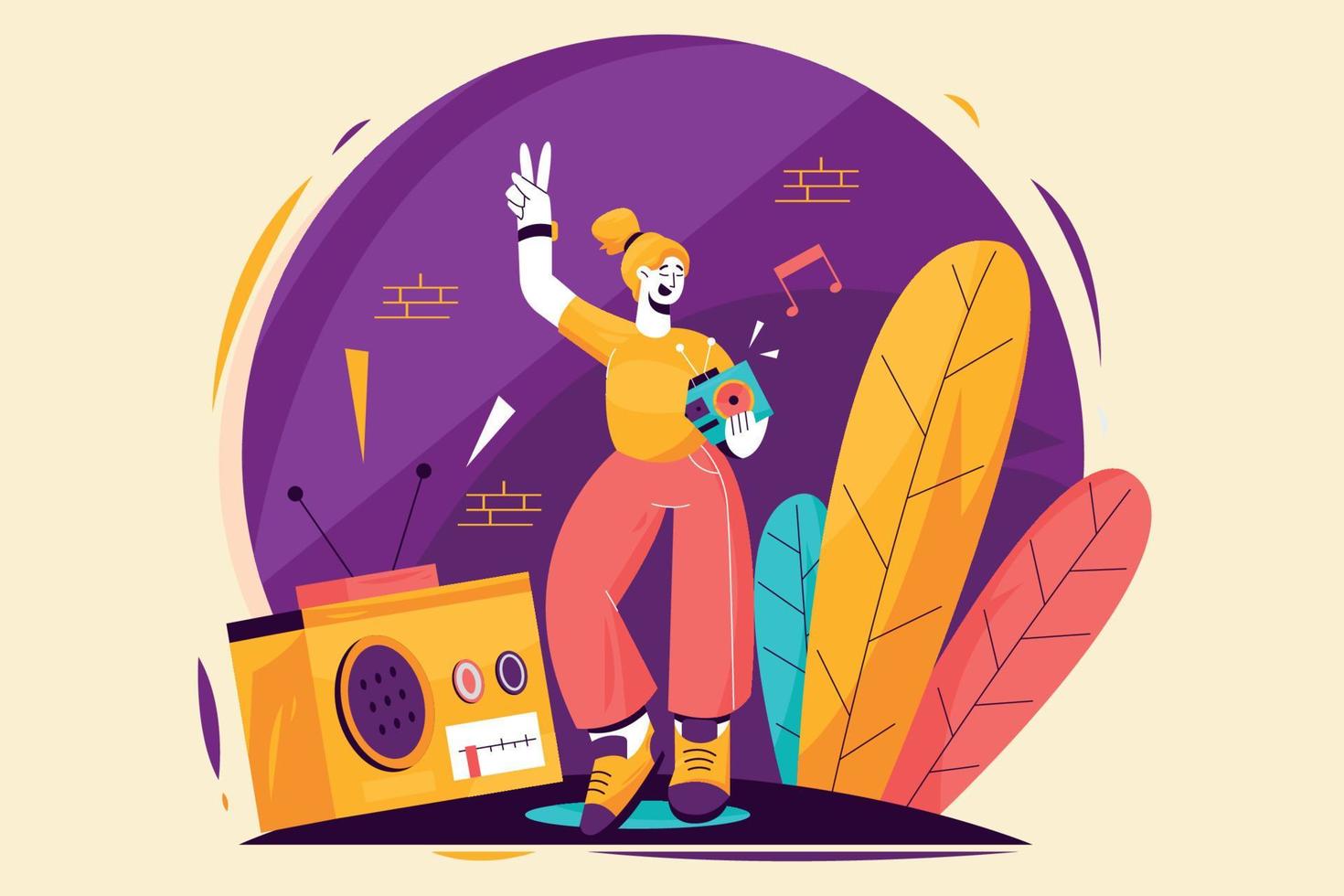 Girls Dancing With Radio - Flat Illustration vector