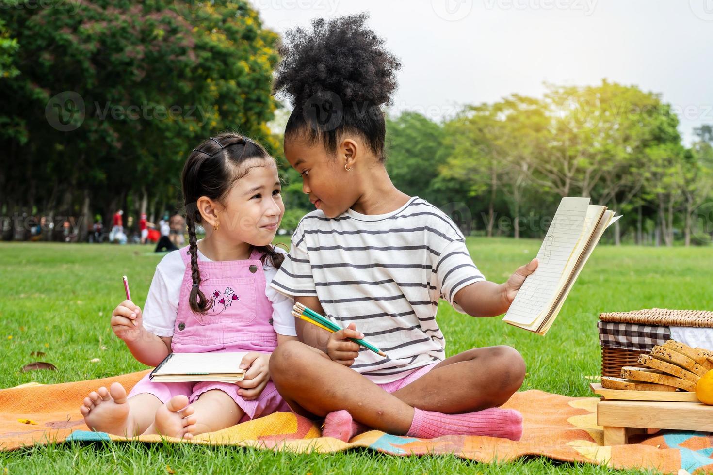 Two African American little girl using pencil writing and doing homework on notebook together while sitting and lying on mat outdoor in the park photo