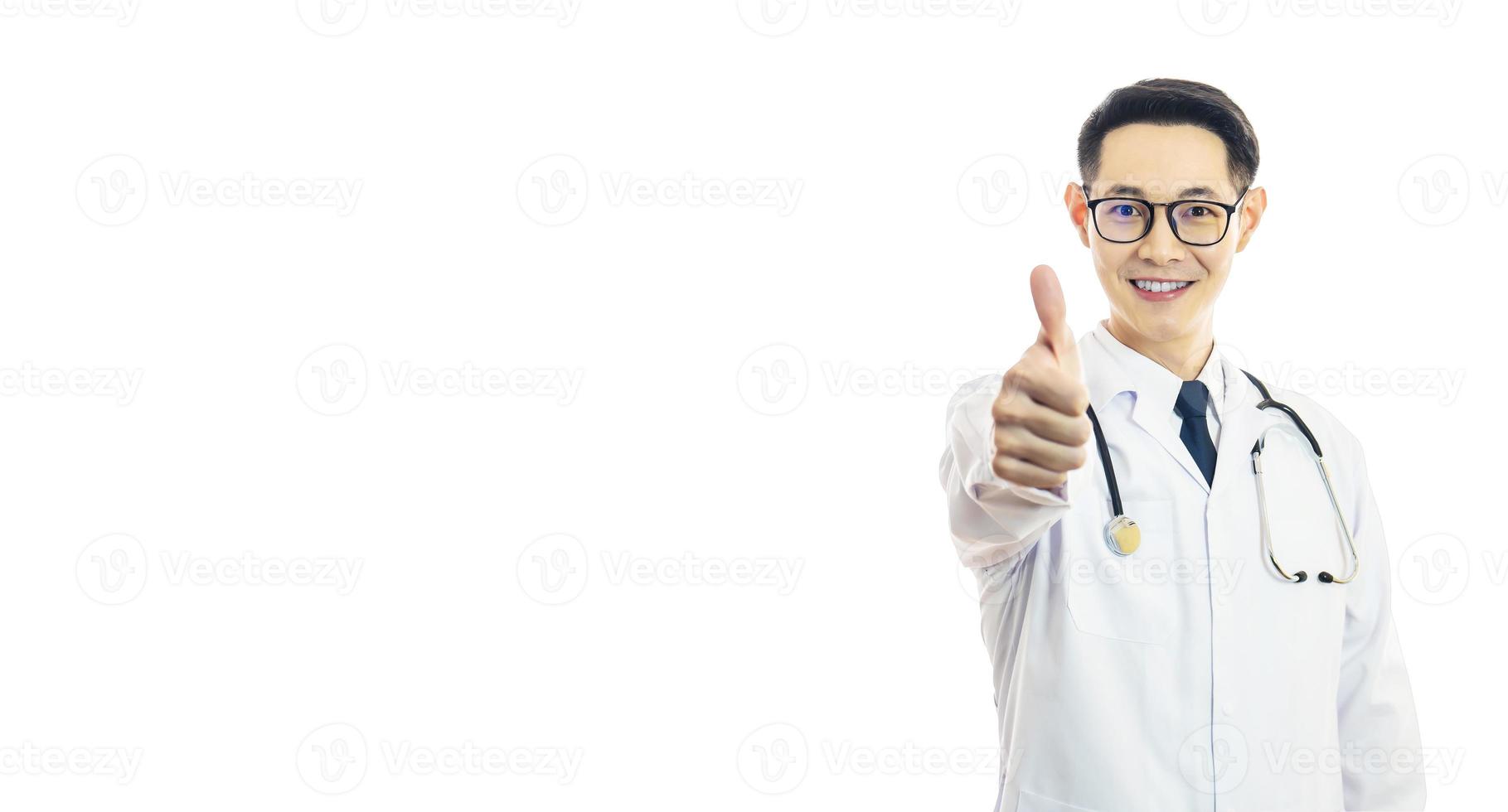 Asian good doctor man smile and thumbs up for best health and insurance package plan for advertising, over isolated white background photo