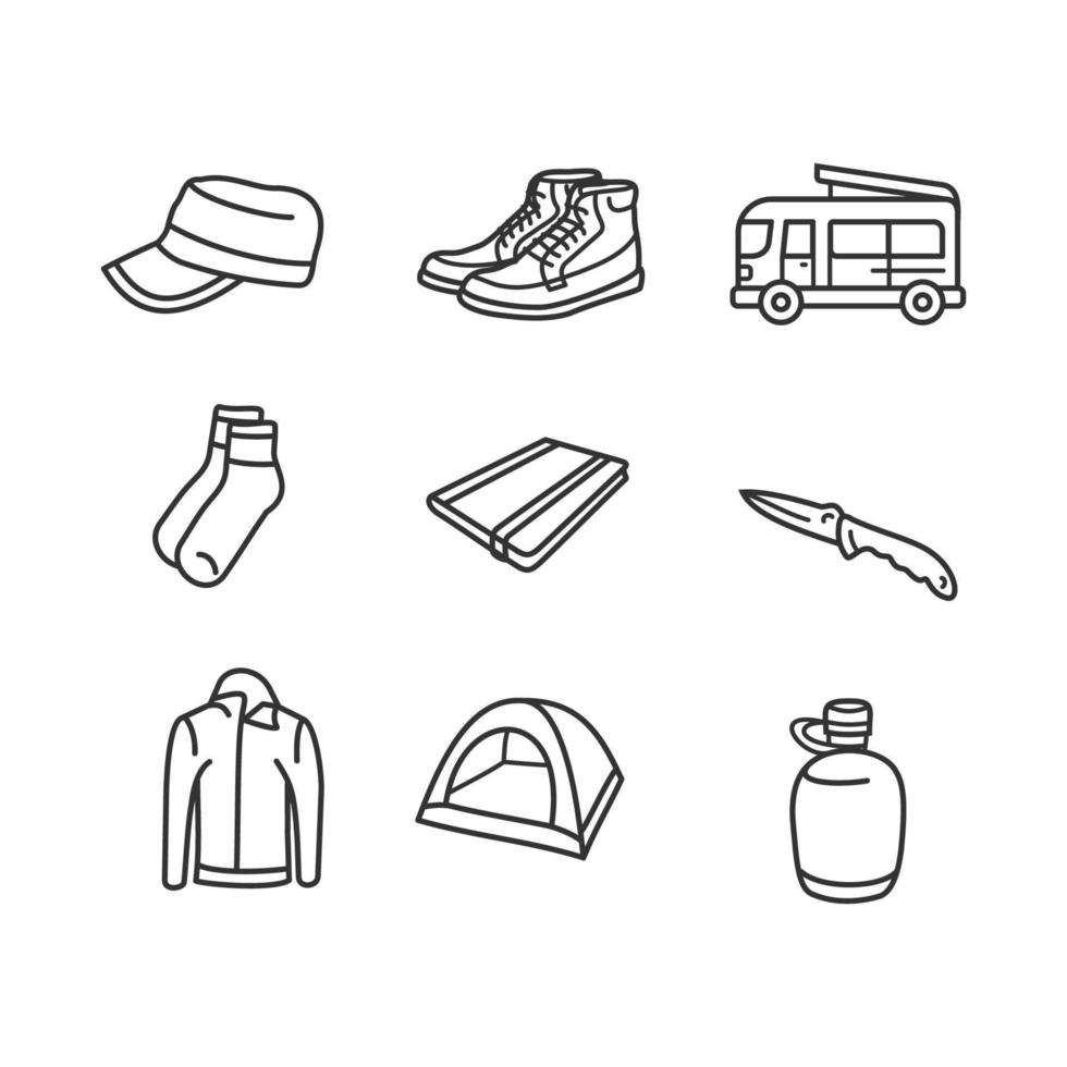 iconos de viaje. iconos de arte de línea de aventura. conjunto de ilustraciones vectoriales de viaje o aventura. vector