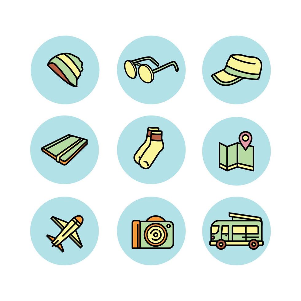 Traveling icons. Adventure icons. Set of traveling or adventure vector illustrations.