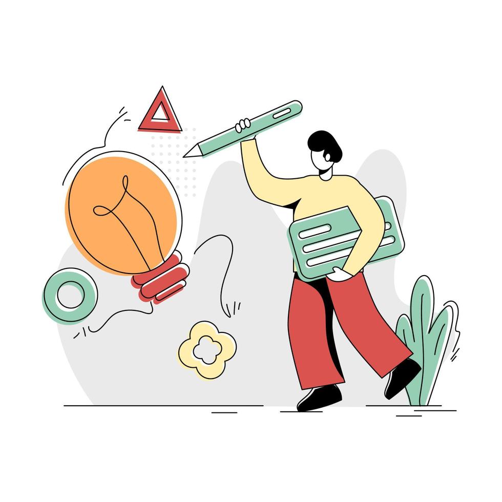 Flat Illustration Vector Graphic of New Ideas, the concept of a man carrying a pencil and a board and writing on a lamp, Retro style minimal green red yellow, perfect for ui ux development, web