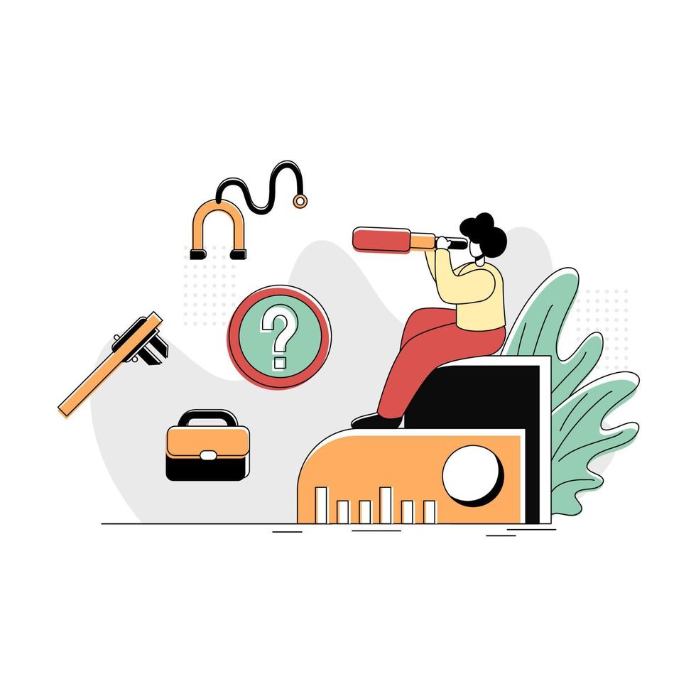 Flat Illustration Vector Graphic of Future Professions, concept of a woman using binoculars to choose a profession while sitting on a ruler, Retro style minimal green red yellow, perfect for ui ux