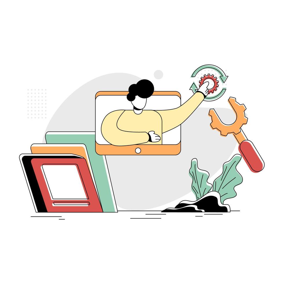 Flat Illustration Vector Graphic of Retraining, concept of a man doing a re-examination on a computer, Retro style minimal green red yellow color, perfect for ui ux development, web