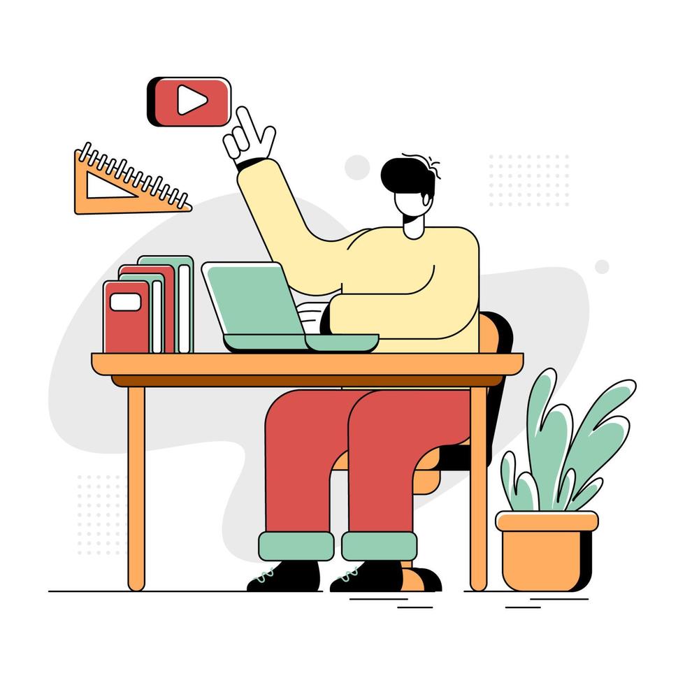 Flat Illustration Vector Graphic of Online Education, the concept of a man studying through a laptop on a table beside a book, minimal retro style in green red yellow, perfect for ui ux development
