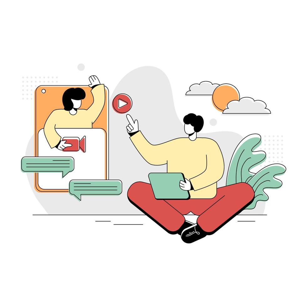 Flat Illustration Vector Graphic of Webinar, the concept of a man and woman having an online discussion using a smart phone, Retro style minimal green red yellow, perfect for ui ux development, web