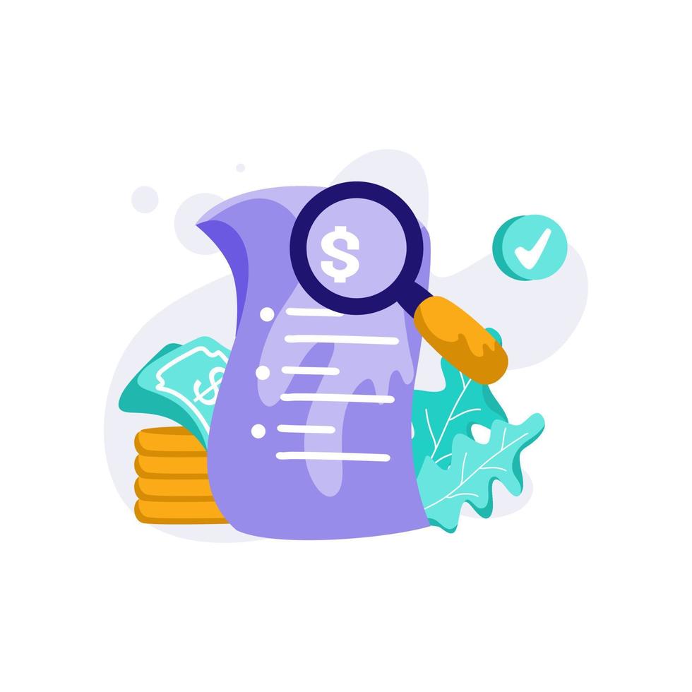 vector de ilustración de icono de desglose de pago para transacción, lupa, dinero, cheque, moneda, concepto de finanzas financieras, mercado, perfecto para ui ux, aplicación móvil, web, folleto, publicidad