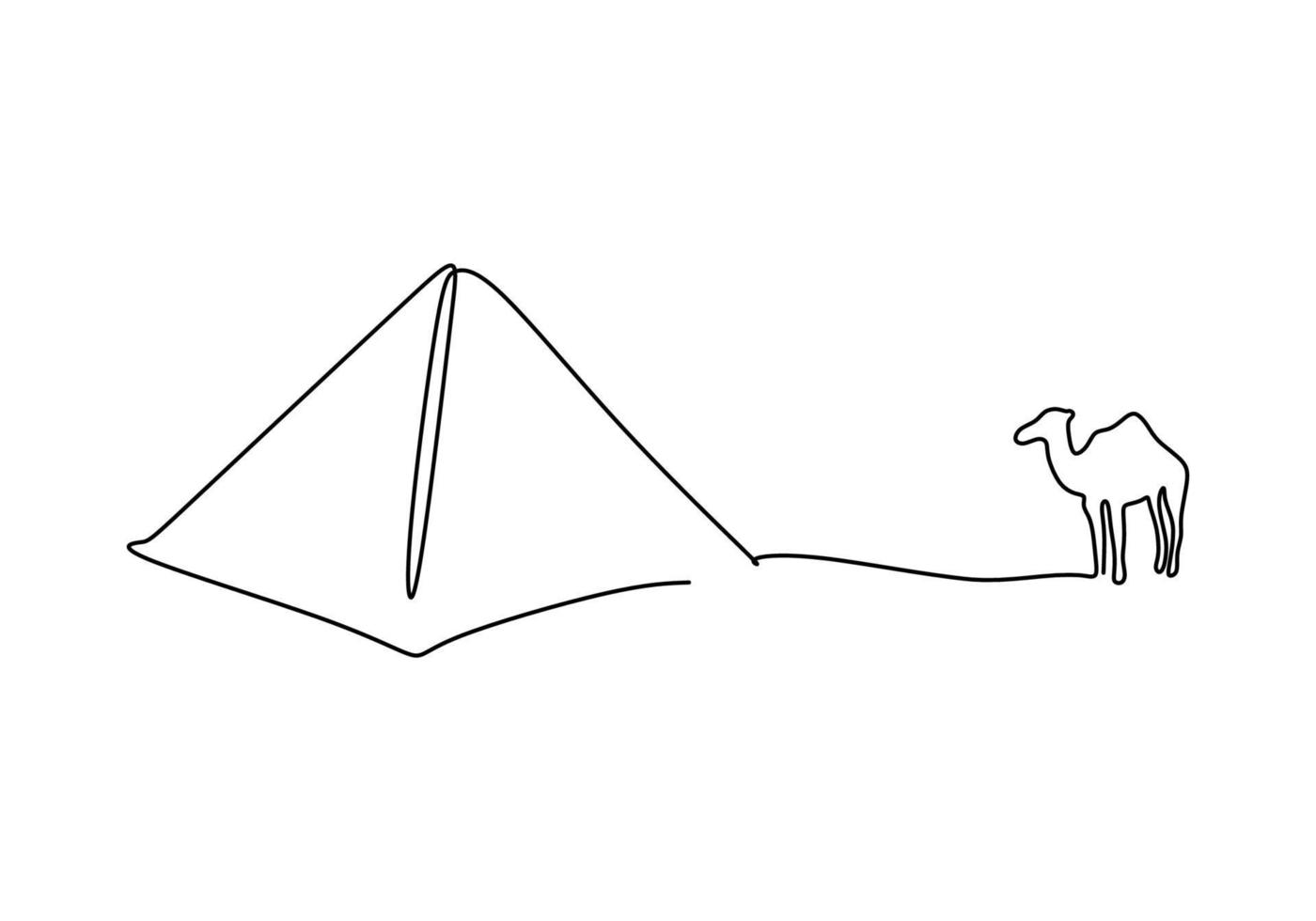 One continuous single line of camel and pyramid on white background. vector