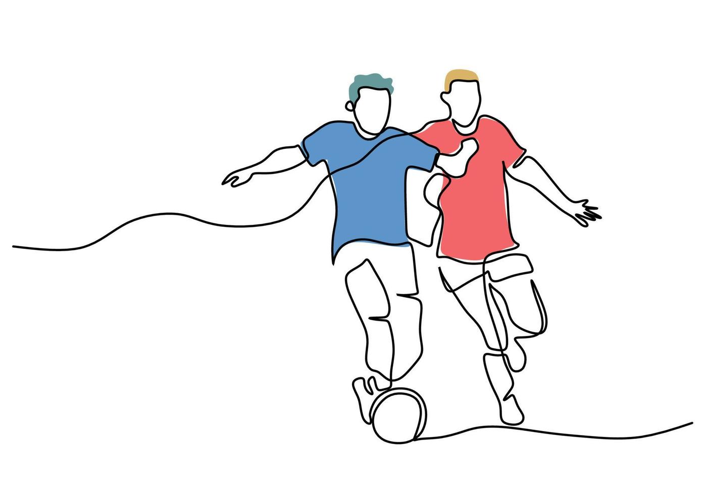 One continuous single line of two man playing football for world cup vector