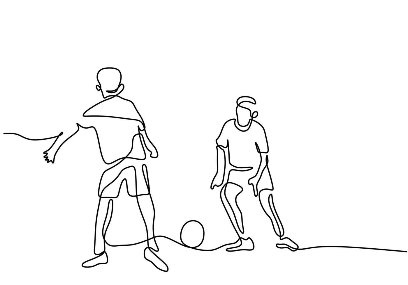 One continuous single line boys playing football on white background vector