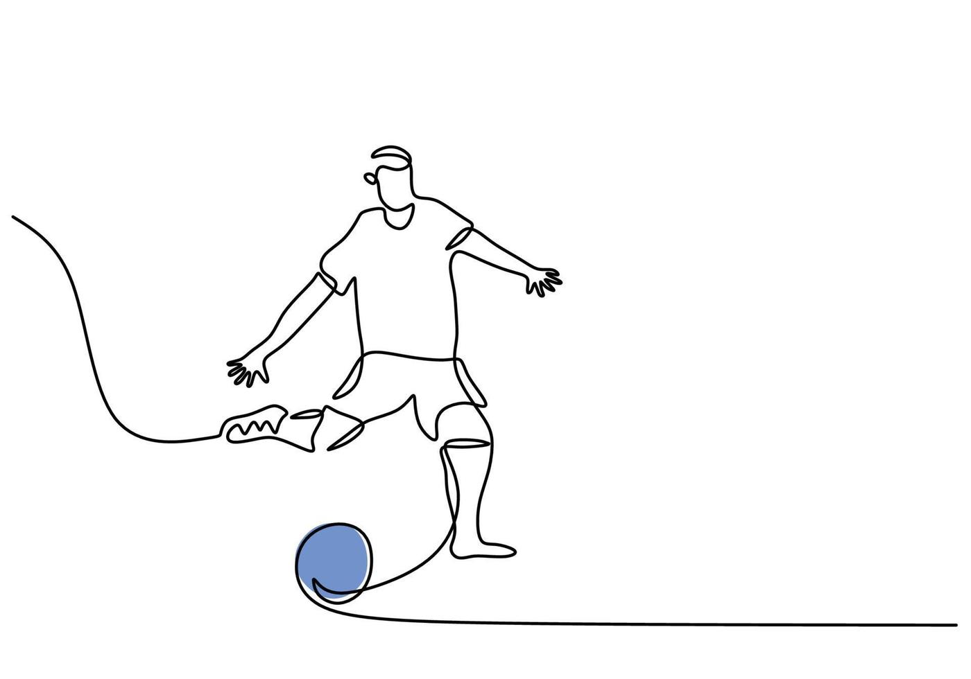 una sola línea continua de hombre patea una pelota sobre fondo blanco. vector