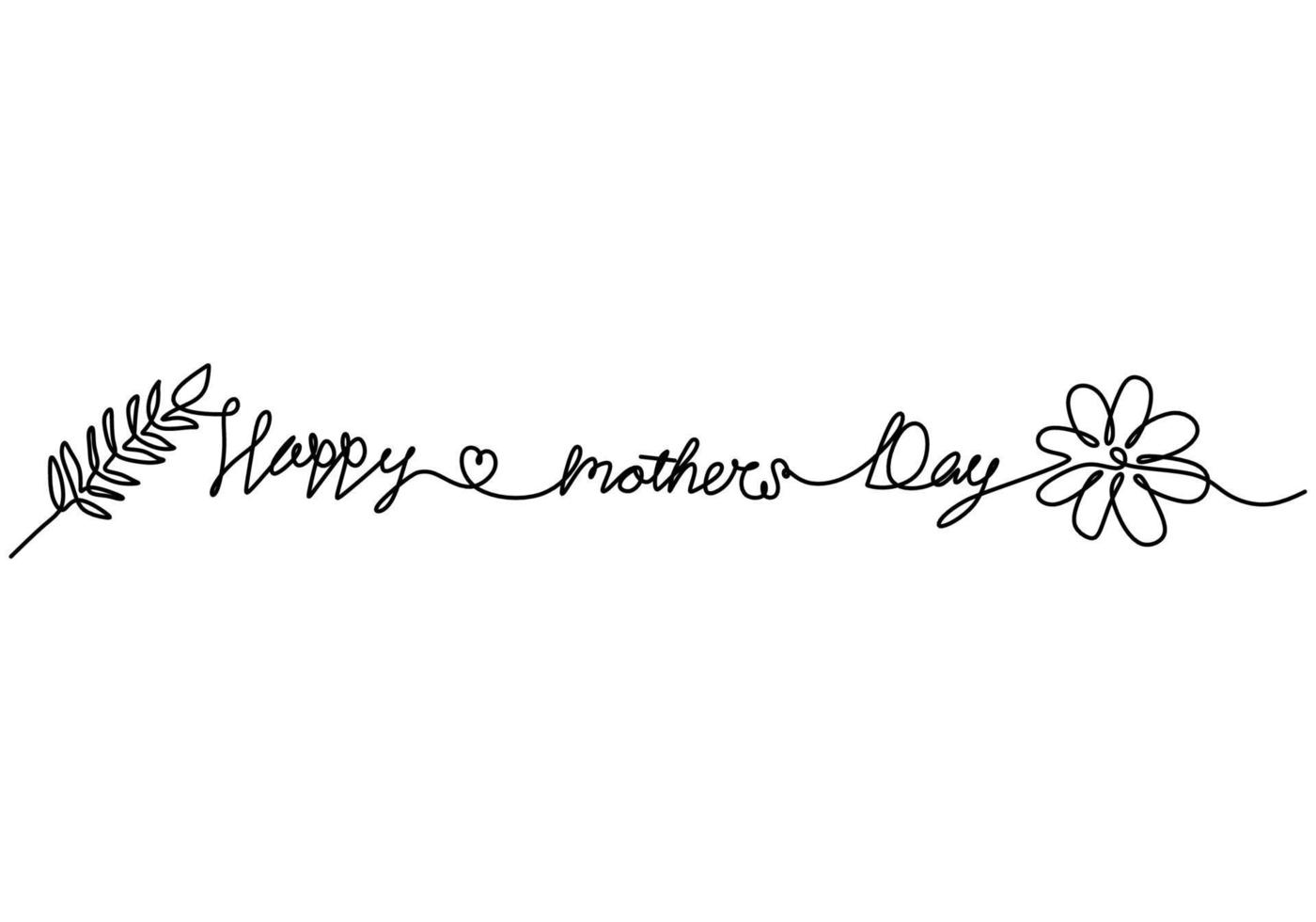 One continuous single line of happy mother day words with flower leaf vector