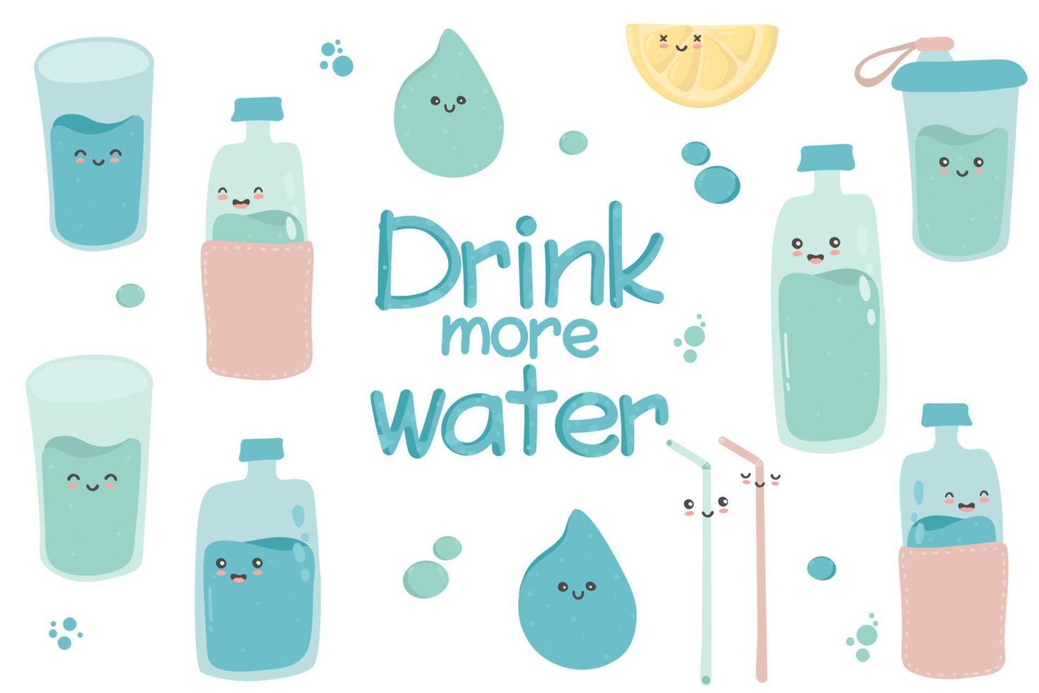 Concept drink more water, drinking water in plastic mug, glass bottle. Vector set of various bottles, glass in hand cartoon style, correct daily habits, morning rituals. Zero waste