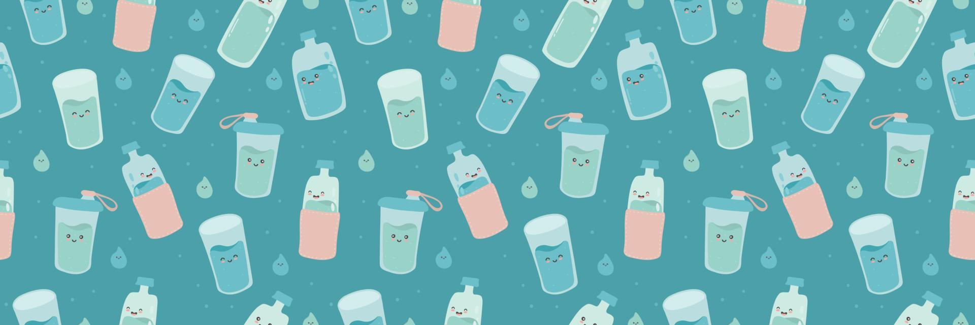 Borde horizontal sin costuras, banner web con lindas botellas y vasos divertidos y felices. agua de carácter kawaii de dibujos animados vectoriales. beber más agua cada día concepto. vector