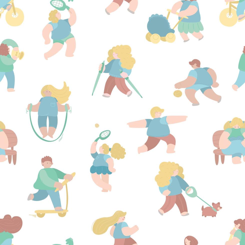 Man and woman performing various kinds of sports seamless pattern. People demonstrate physical outdoor activity vector flat illustration. Happy sportsman and sportswoman training or exercising