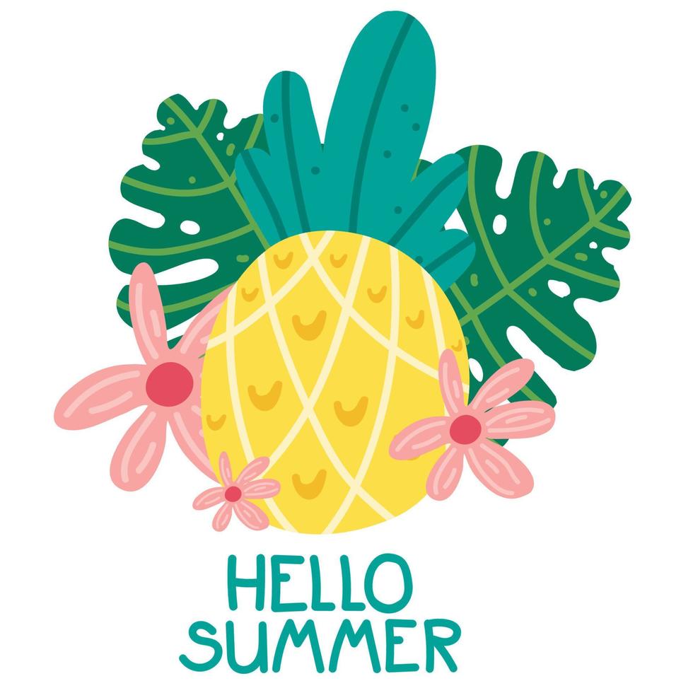Tropical Design Elements. Various tropical objects  pineapple and palm leaves. bright summer card with pineapple vector