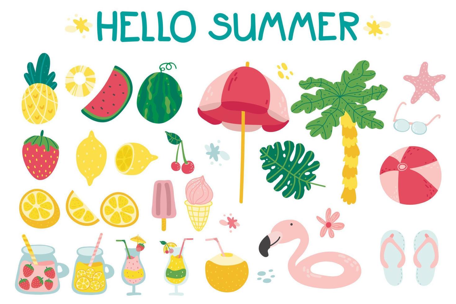 Summer set with cute beach elements and lettering cocktail, juice, ice cream, fruits, flowers, palm trees. Hand drawn flat cartoon elements. poster, card, scrapbooking, tag, invitation, sticker kit. vector
