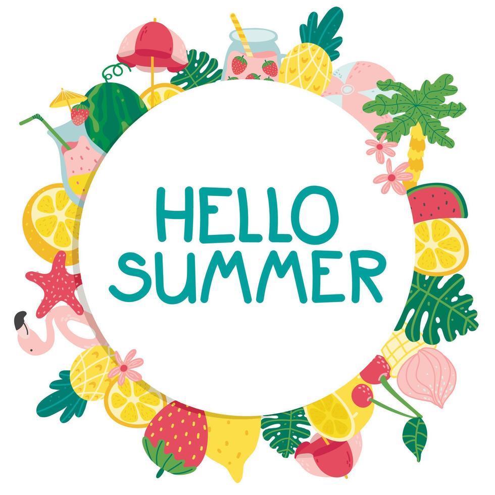 Summer vector banner design for promotion with colorful beach elements behind white circle. hello summer