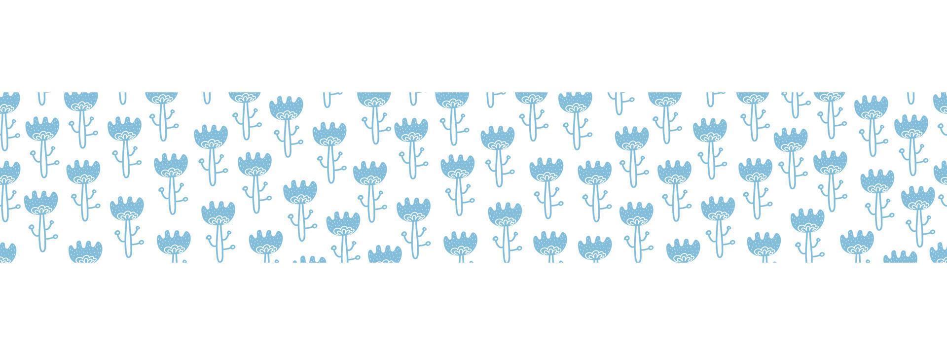 Borde horizontal sin costuras estilo boho con flores. dibujo de dibujos animados banner floral transparente azul. temerario estilo folk escandinavo. para tela, tarjetas, papel tapiz, decoración del hogar. vector