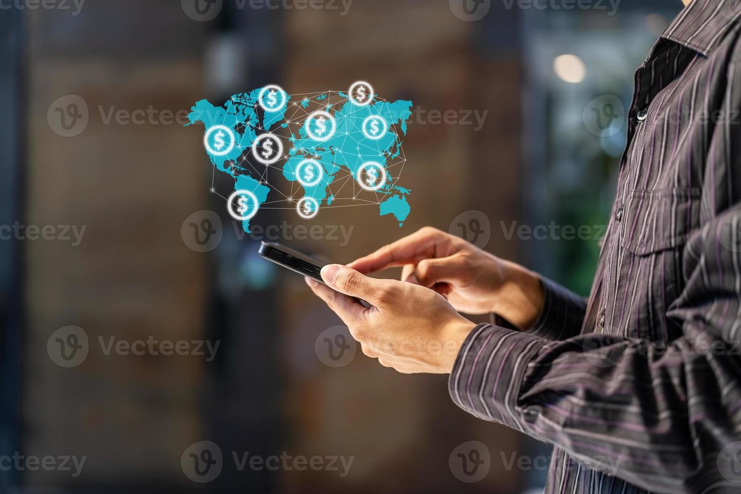 Close up of businessman hand using mobile phone with online transaction application, Concept ecommerce and internet investment photo