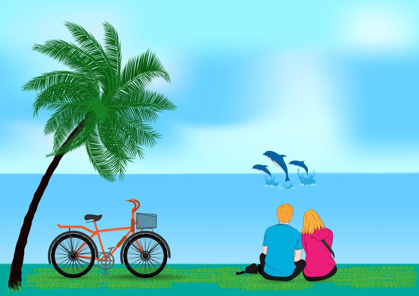 couple sit on beach and look the sea, vector illustration