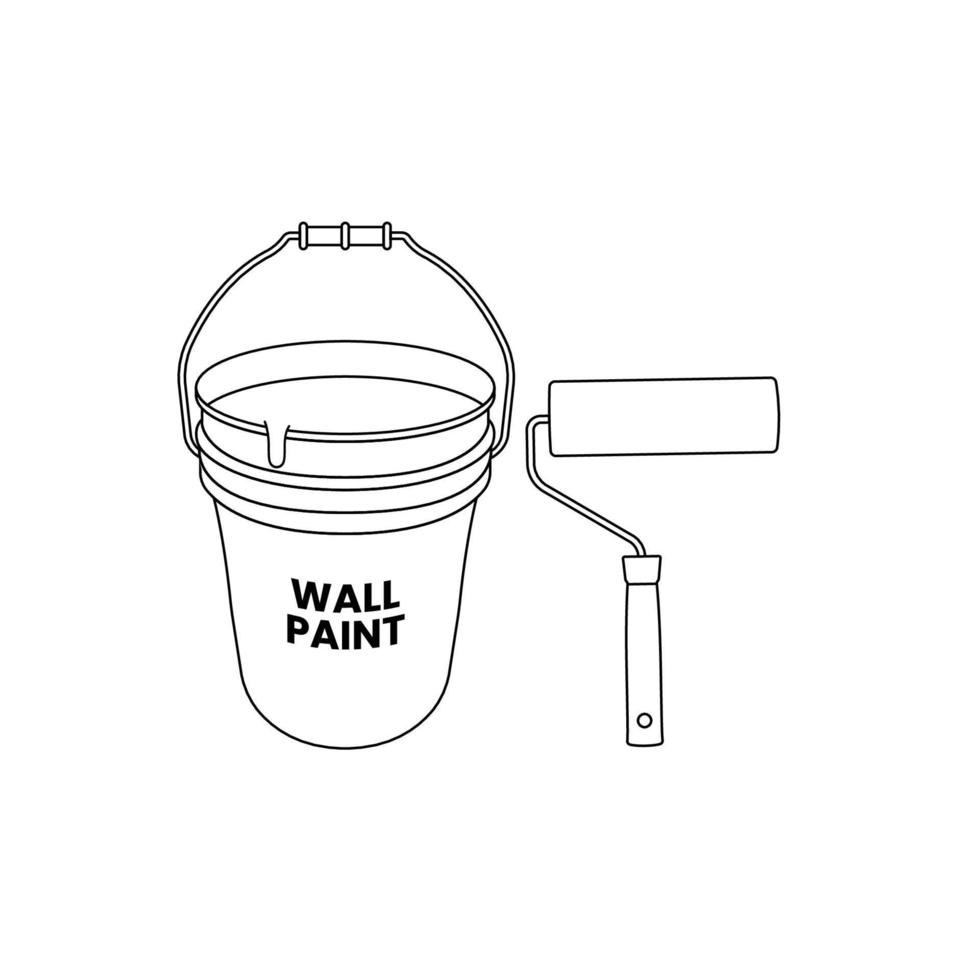 Paint Roller and Bucket Outline Icon Illustration on Isolated White Background vector