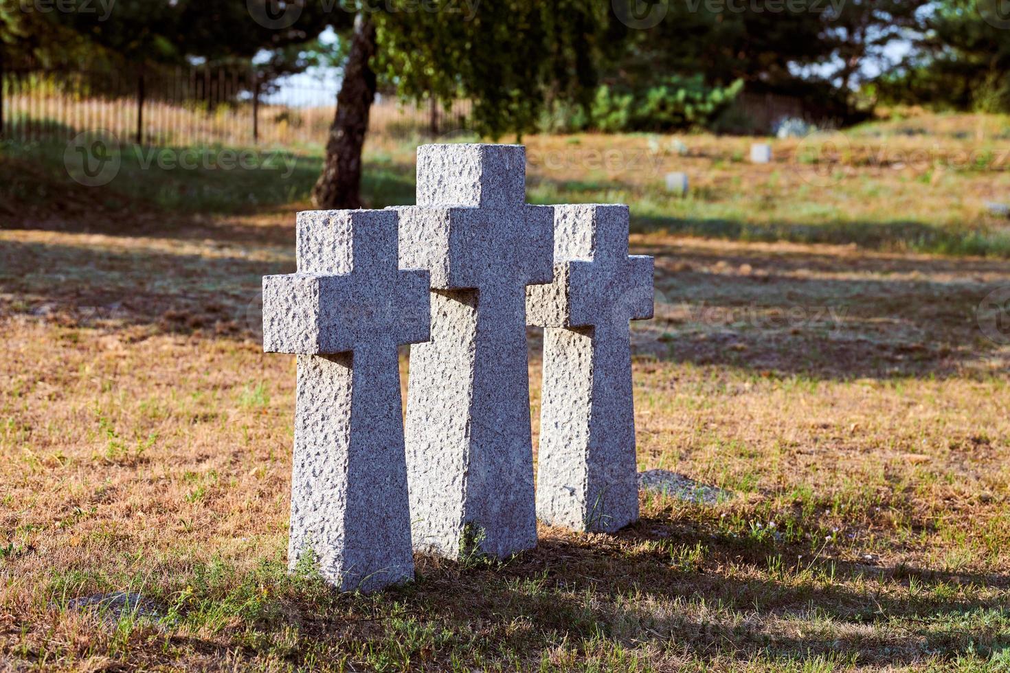 Three catholic stone crosses in German military cemetery, Baltiysk, Russia photo