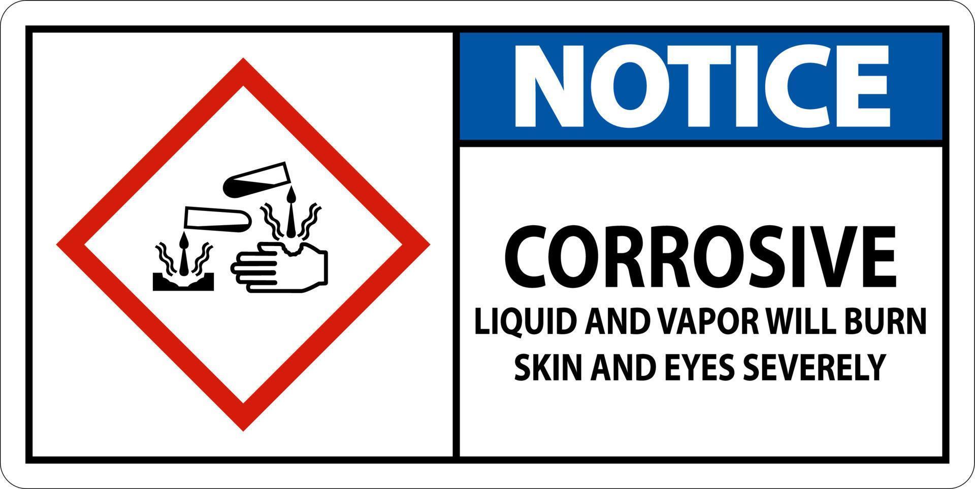 Notice Corrosive Liquid And Vapor Will Burn GHS Sign vector