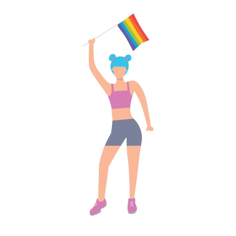 Girl with blue hair taking part in pride parade. Pride Month. Women demonstration for LGBT rights. Activist . Colorful vector illustration in flat style. Isolated on white background.