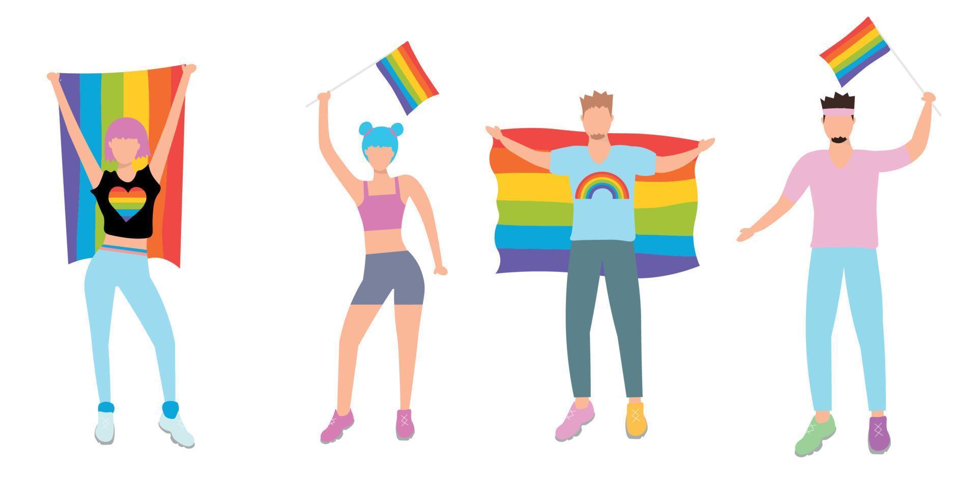 Pride Month. Woman and men taking part in pride parade. People at street demonstration for LGBT rights. Gay, lesbian, bisexual, transgender activists. Vector stock illustration