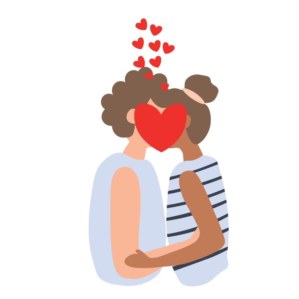 Kissing guy with a girl. Gentle hug and kiss. Cute couple. Vector illustration isolated on white background. Valentine concept.